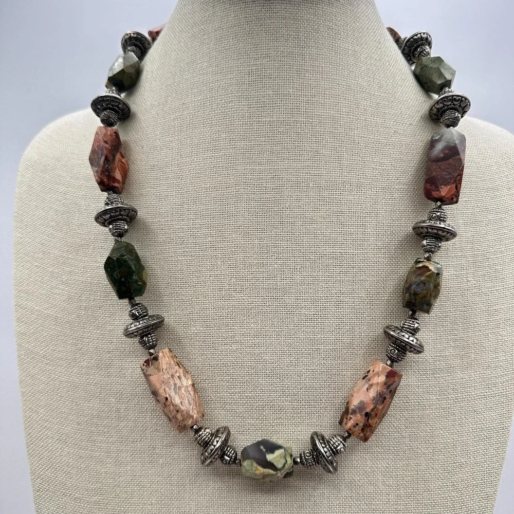 Vintage 80s Leopard Skin Jasper Beaded Statement Necklace Silver Tone‎ Jewelry